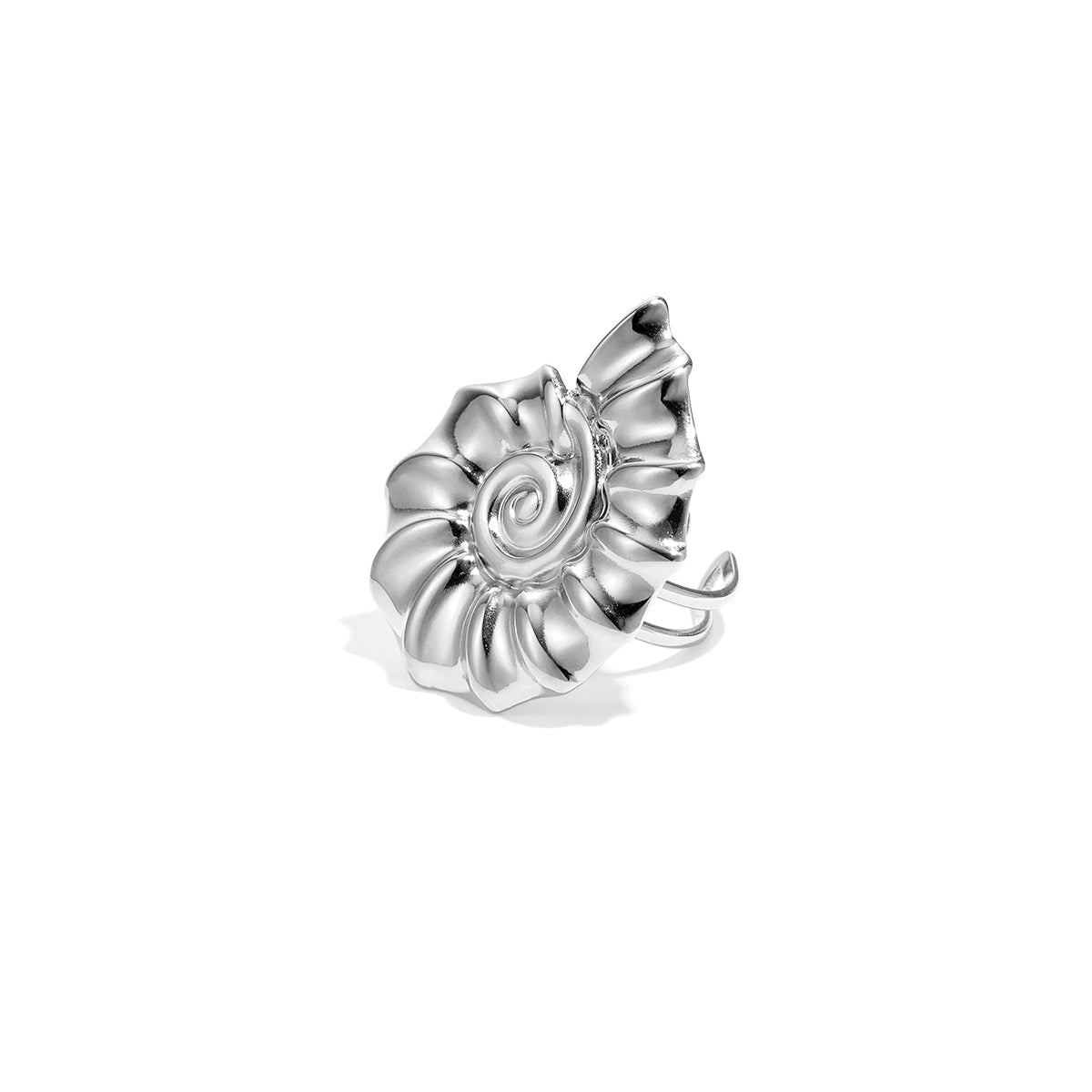 A silver-toned metal ring featuring a sculpted spiral shell or nautilus motif with a textured, ridged petal-like design, shown on a plain white background.