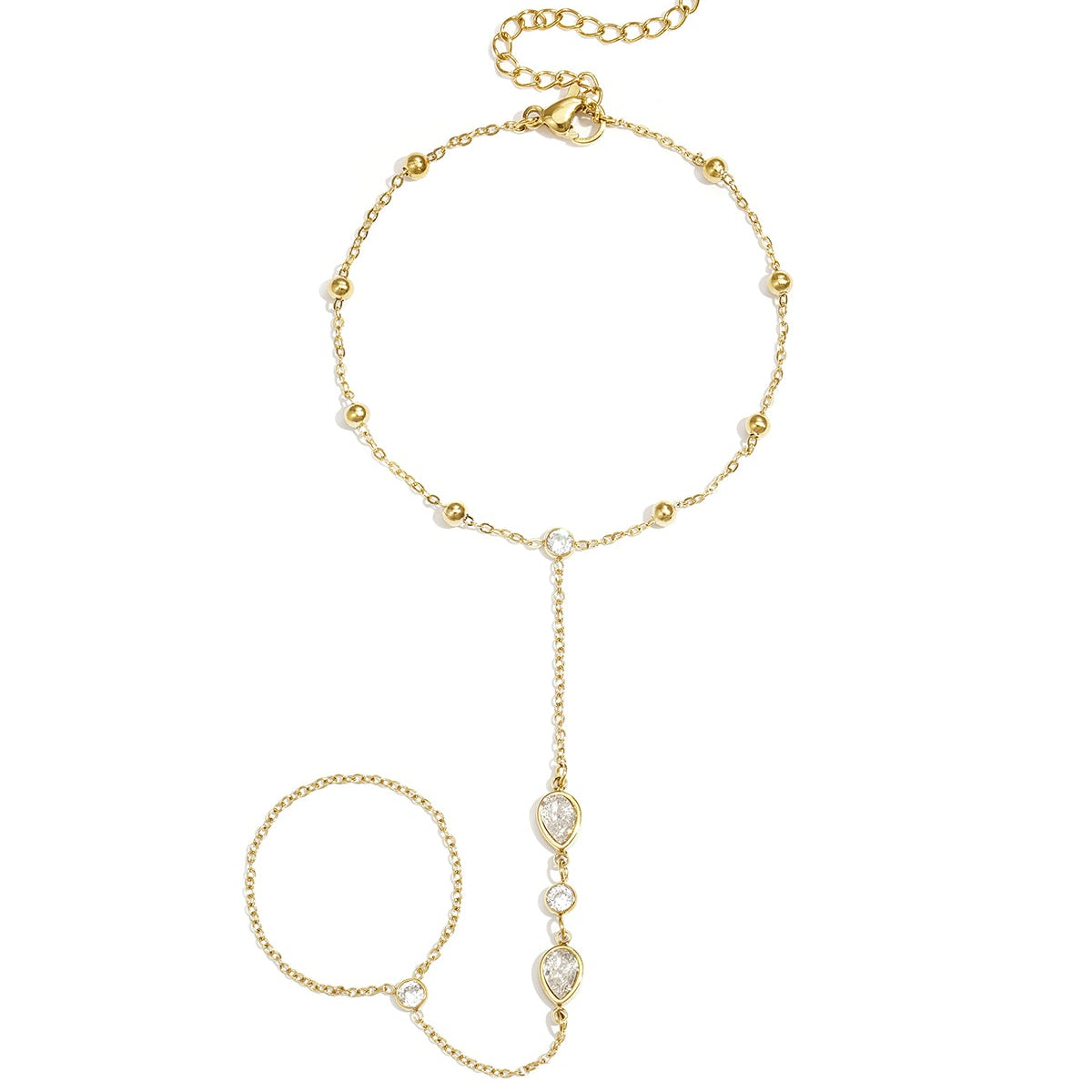Gold bracelet with pearl-like beads on a white background