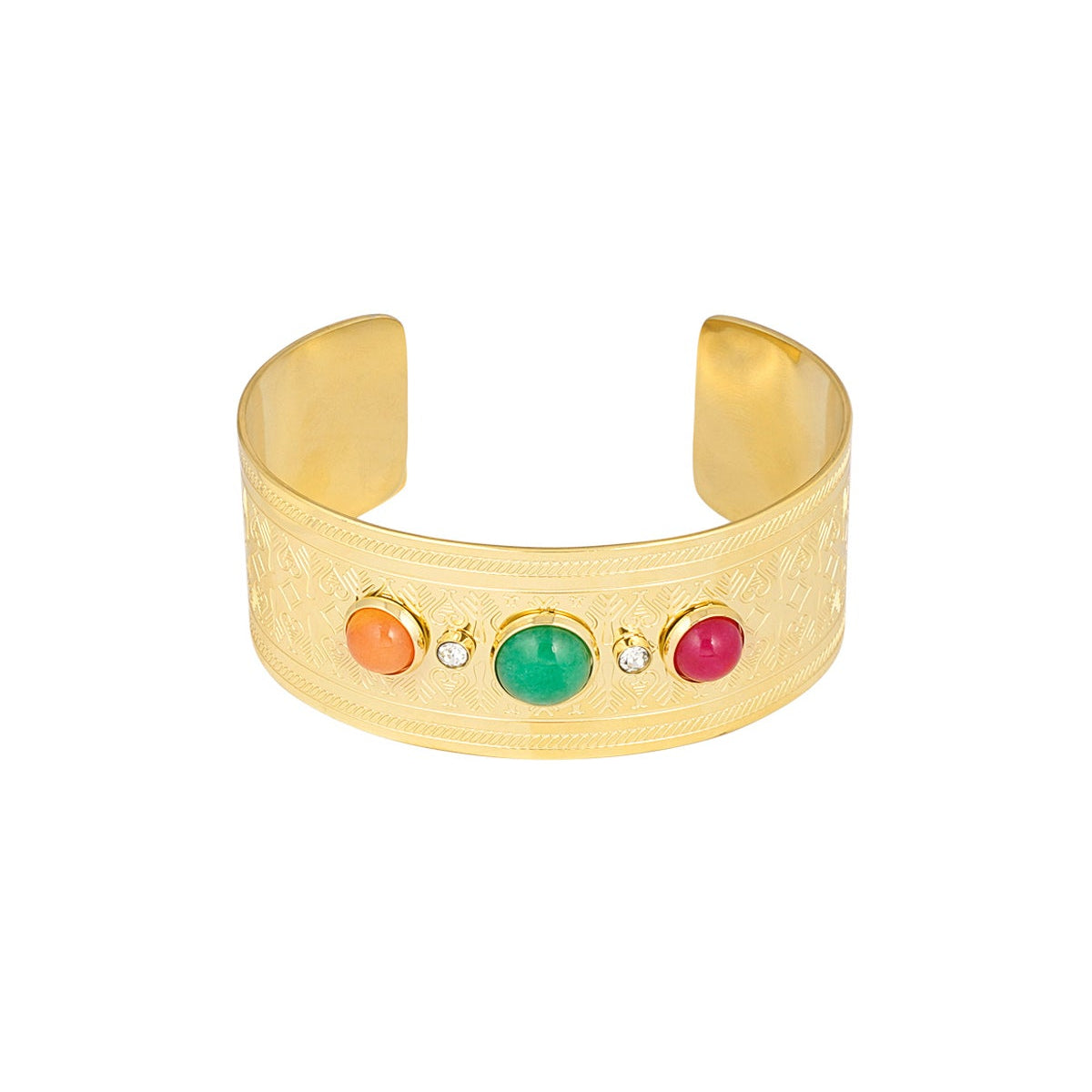 A wide gold cuff bracelet featuring five colorful round cabochon stones set across the front, displayed on a clean white background.