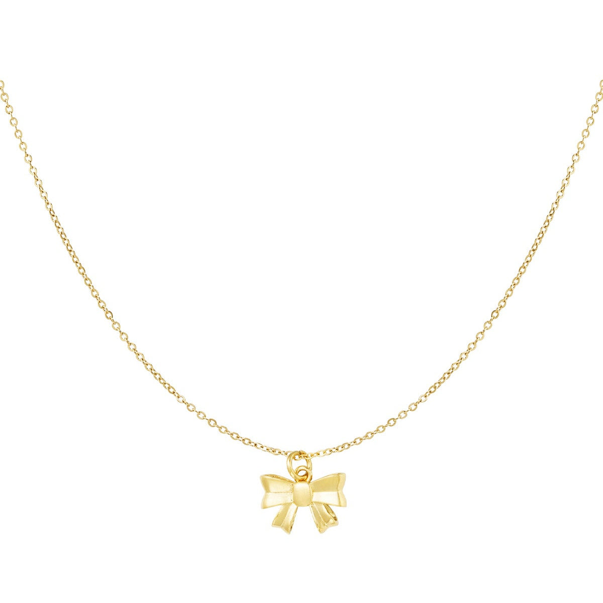 A delicate gold chain necklace featuring a small bow-shaped pendant, displayed against a solid white background.